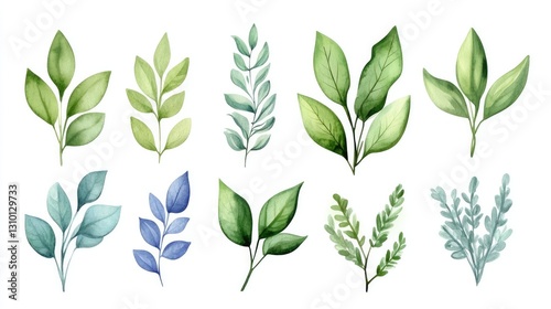 Beautiful collection of green leaves and floral elements painted in a soft watercolor style, perfect for design use