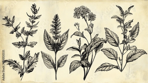 Wallpaper Mural Vintage botanical illustration of medicinal herbs, detailed hand-drawn sketch on aged paper Torontodigital.ca