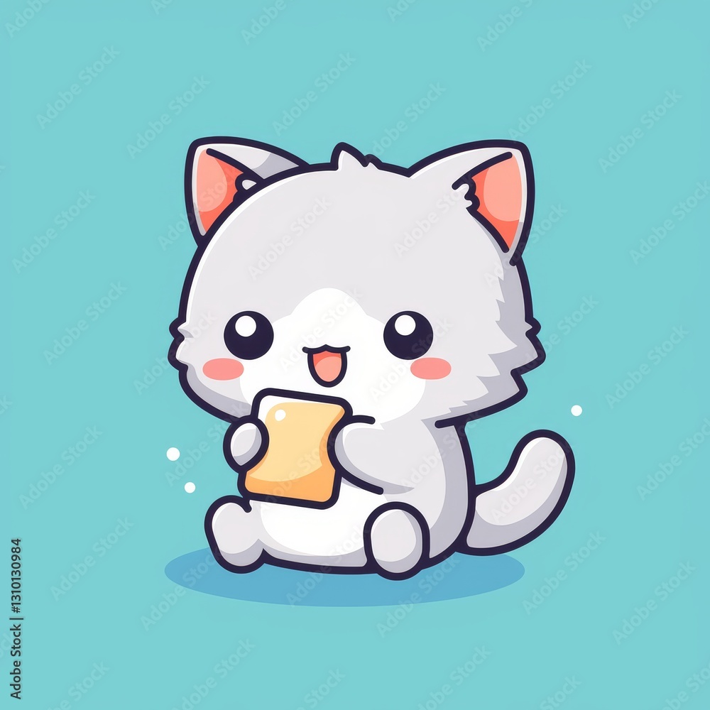 Cute Cat Eating Toast, Flat Illustration Cute Cat Eating Toast, Flat Illustration