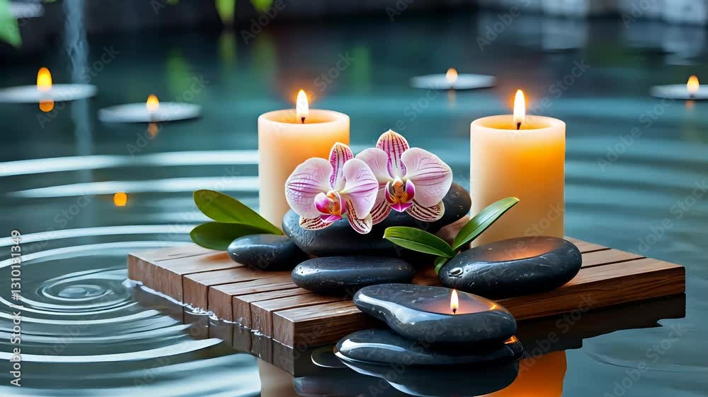 Zen-inspired spa setting with floating candles and smooth black stones in still water
