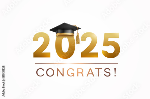 Graduate college, high school or university cap with Congrats on white background. Vector degree ceremony hat and congratulation. Black educational student symbol