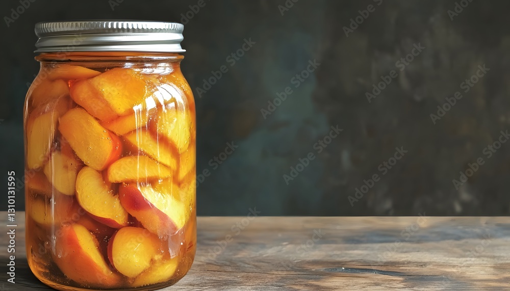 A Glass Jar Filled With Sliced Peaches In Syrup