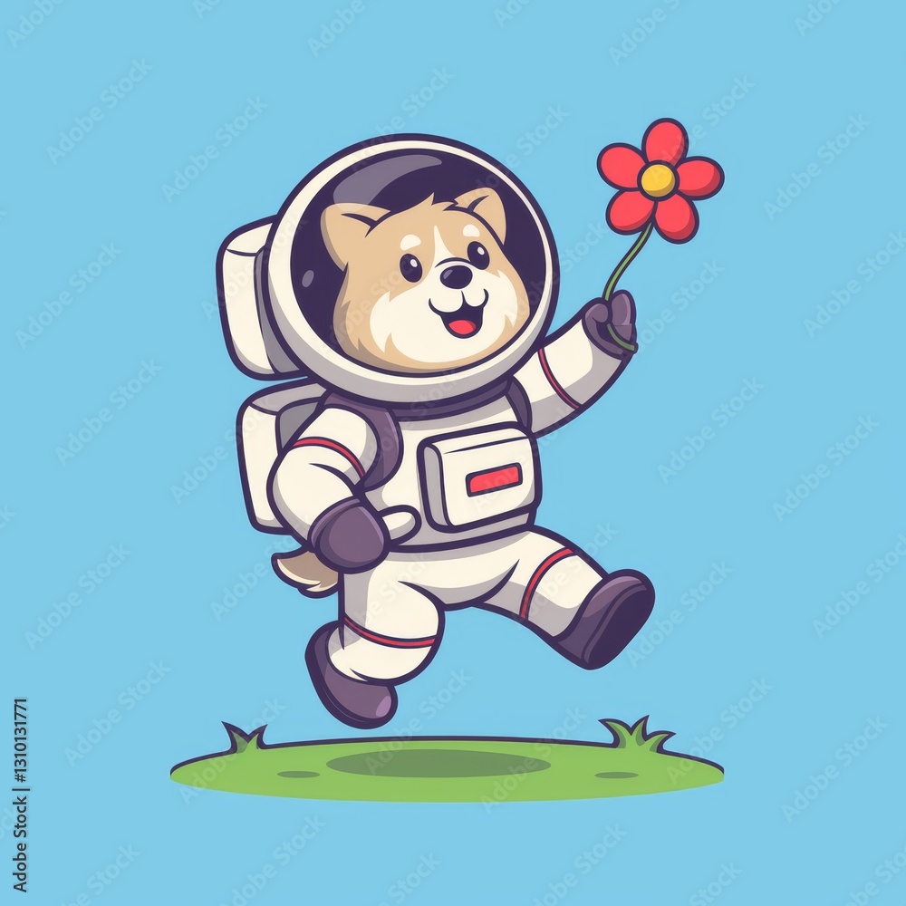 Obraz premium Cute Dog Astronaut Holds Flower