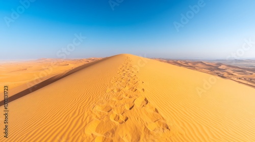 Desert dune path, footprints in sand, vast landscape, clear sky