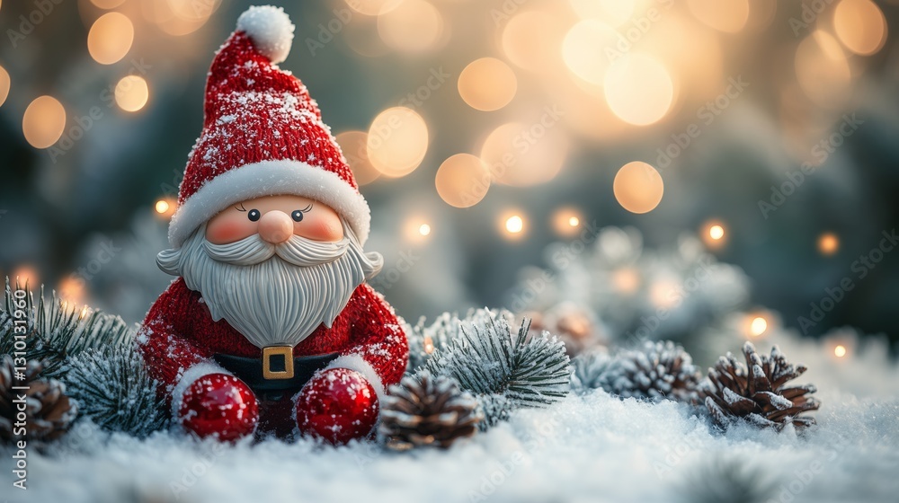 Obraz premium Decorative Christmas elf or gnome with fairy lights and fir tree.