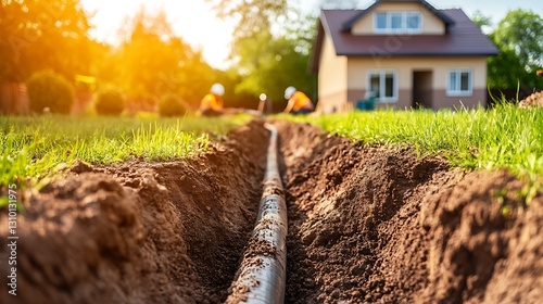Suburban pipe installation, workers, house background