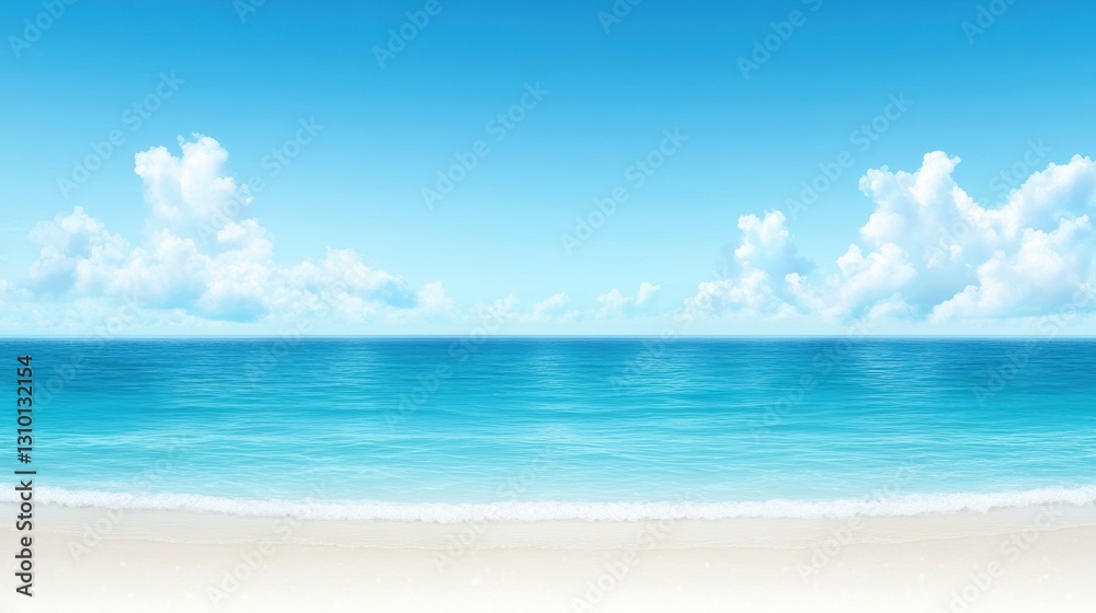Fototapeta premium A serene beach scene featuring soft waves lapping against a sandy shore, under a clear blue sky adorned with fluffy clouds, Ideal for travel brochures, wellness blogs, or relaxation-themed projects,