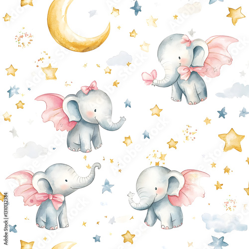 Decorative pattern featuring adorable elephants with wings amidst moon and stars in a playful night sky design