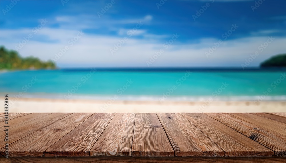 Rustic Solitude A Serene Scene of an Empty Table Set Amidst a Blurred, Idyllic Beach Backdrop, Perfect for Summer Product Showcase or Artistic Inspiration Rustic Solitude A Serene Scene of an Empty Table Set Amidst a Blurred, Idyllic Beach Backdrop, Perfect for Summer Product Showcase or Artistic Inspiration