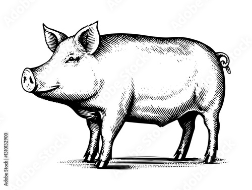 Pig Vintage Engraved Animal. Ink style, hand drawn illustration. Isolated on white background, vector illustration.