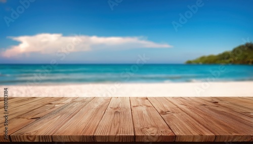 Rustic Wooden Table on Blurred Background of Tranquil Beach Stunning Summer Mockup Perfect for Digital Art  Home Decor or Design Inspiration  Radiating Serene Calm and Coastal Elegance.