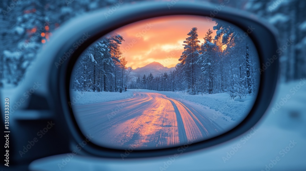 Photo in the rearview mirror. Car trip in the mountains. Photo in the rearview mirror. Car trip in the mountains.
