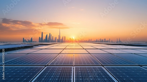 Wallpaper Mural A futuristic city skyline bathed in warm golden morning light, with solar panels on rooftops reflecting the first rays of the sun. Torontodigital.ca