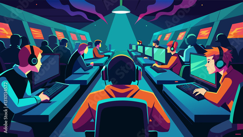 The dimly lit event hall is packed with young competitors all focused on their screens as they battle it out in the Youth Esports Tournament.. Vector illustration
