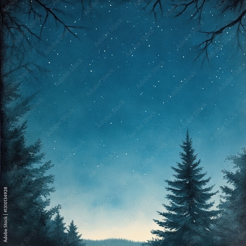 Naklejka premium A serene night sky filled with stars overlooks a silhouette of trees, creating a tranquil atmosphere, This image is perfect for nature themes, relaxation, or as a backdrop for inspirational quotes,