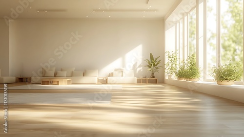 Sunlit minimalist living room  plants  yoga mat  serene