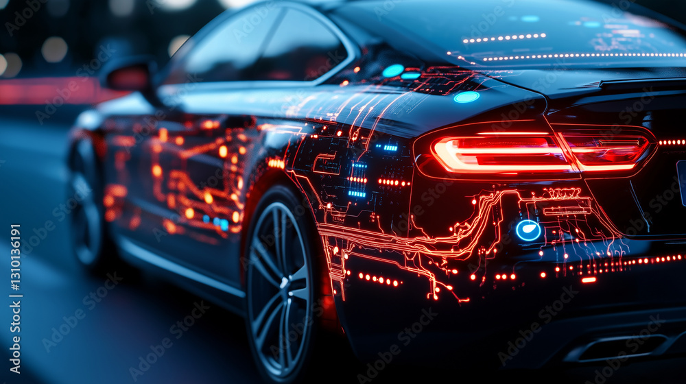 Naklejka premium Close-up of a car's wiring system with illuminated indicator lights and microcontrollers, illustrating the sophisticated design of modern vehicle electronics.