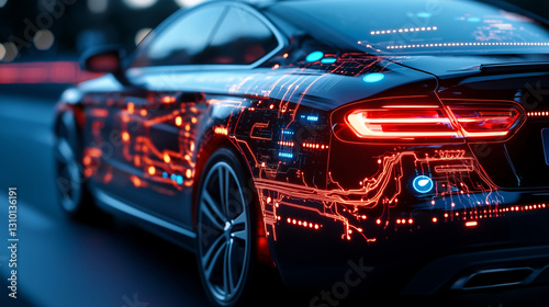 Close-up of a car's wiring system with illuminated indicator lights and microcontrollers, illustrating the sophisticated design of modern vehicle electronics.