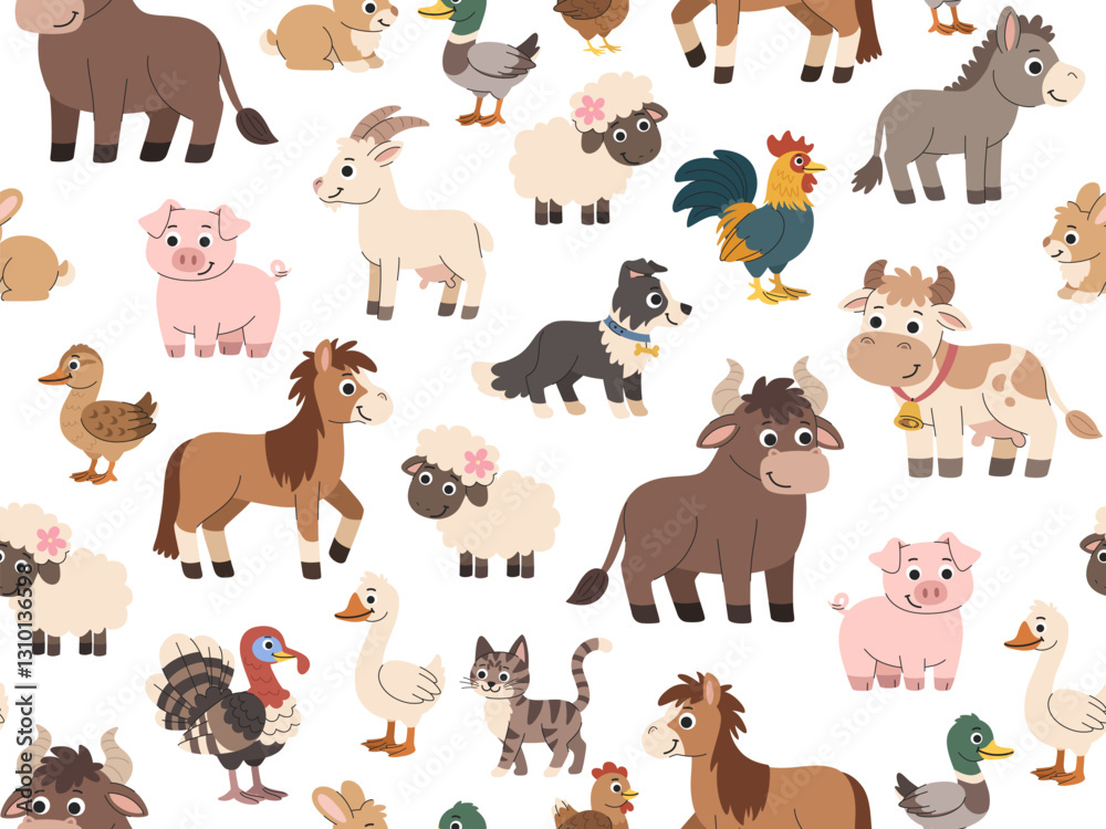 Fototapeta premium Kids farm cartoon pattern. Seamless village background with farm animals - livestock and birds, pets. Farm inhabitants on a white background.