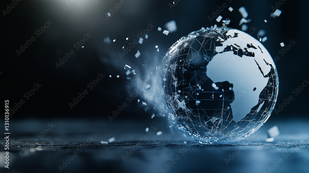 Fototapeta premium A glass-like globe shattering into countless pieces, with dust and debris scattering, symbolizing the delicate state of global stability.