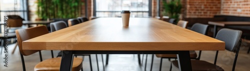 Large communal table in a loft cafe, surrounded by metal chairs and warm industrial lighting