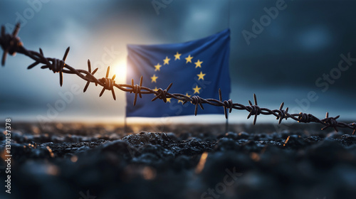 A dimly lit EU flag partially obscured by rusted barbed wire, symbolizing economic sanctions and limitations imposed on trade and financial movement. photo