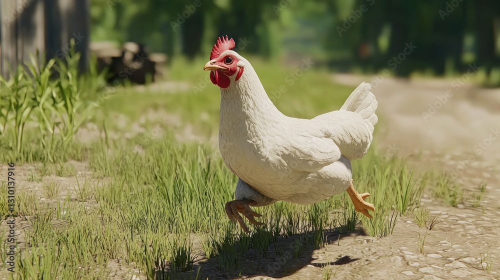 White hen running on rural dirt path, forest background White hen running on rural dirt path, forest background