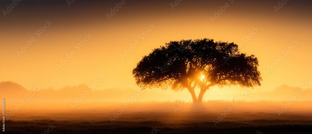 Obraz premium Majestic Oak Tree Silhouetted by Golden Sunrise in Misty Field Landscape