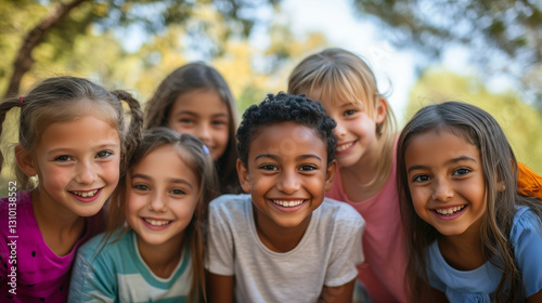 Group of diverse children laughing together outdoors