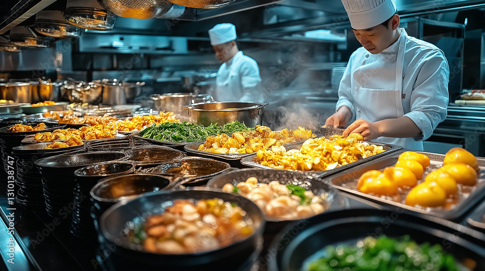 Obraz premium In a large, bustling restaurant kitchen, a well-known chef focuses on preparing gourmet dishes