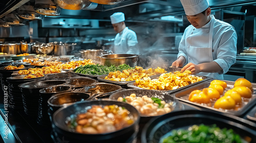 In a large, bustling restaurant kitchen, a well-known chef focuses on preparing gourmet dishes