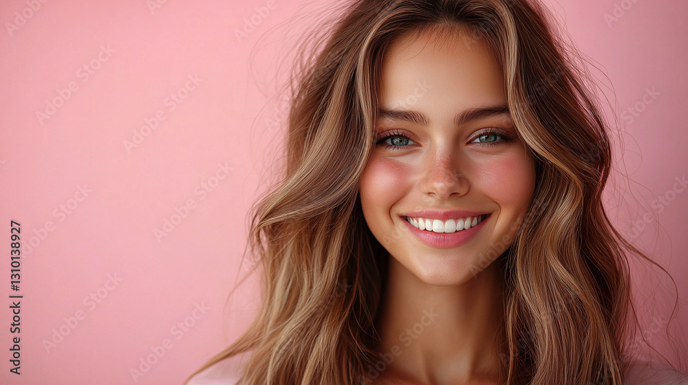 Naklejka premium A talented hairdresser stands against a vibrant backdrop, smiling brightly. Her hair is styled beautifully, reflecting her skills and passion for hairstyling in a modern salon environment