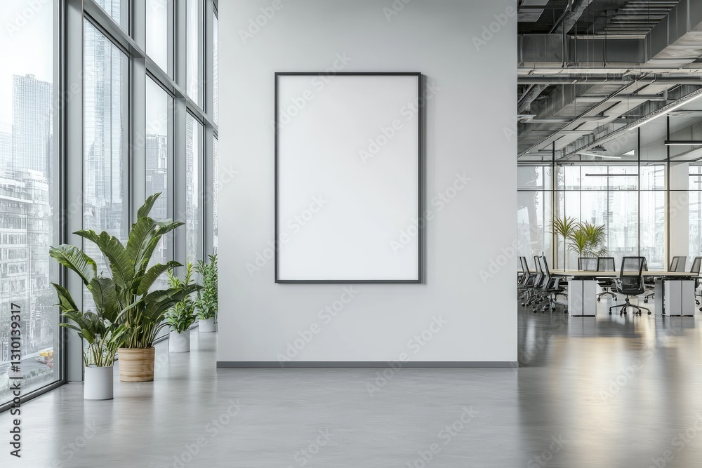 Modern office with a framed blank wall, large windows, and city skyline view. Ideal for corporate branding, workspace design, and business presentations Modern office with a framed blank wall, large windows, and city skyline view. Ideal for corporate branding, workspace design, and business presentations