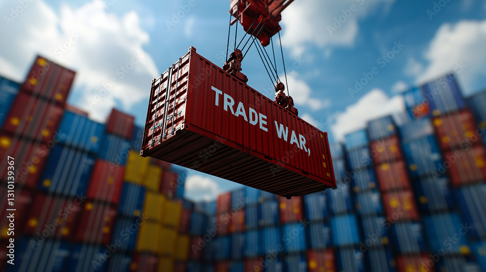 A crane lifting a red container labeled