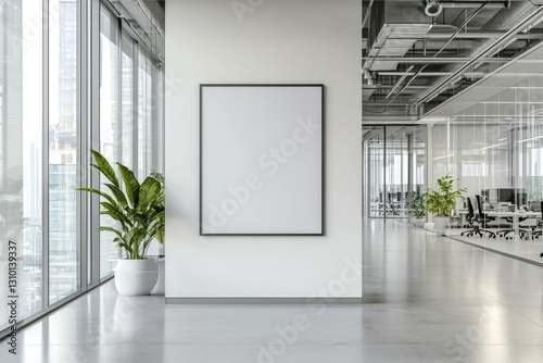 Modern office with a framed blank wall  glass partitions  and city skyline view. Ideal for corporate branding  workspace design  and business presentations
