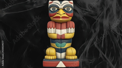 An intricately designed tribal totem sculpture boasting vibrant colors and detailed craftsmanship, symbolizing cultural heritage and artistic expression against a dramatic background.