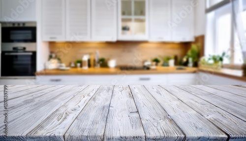 Striking Empty White Wooden Table Amidst a Blurred  Vibrant Kitchen Backdrop  Evoking a Minimalist and Tranquil Ambiance