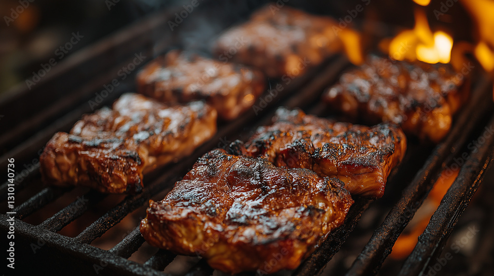 Various cuts of meat are grilling over an open flame during a lively carnival party. The smoky aroma fills the air as guests enjoy the festive atmosphere and delicious food Various cuts of meat are grilling over an open flame during a lively carnival party. The smoky aroma fills the air as guests enjoy the festive atmosphere and delicious food