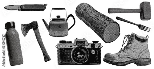 Set of outdoor camping and hiking halftone grunge vector design elements