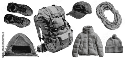 Set of outdoor camping and hiking halftone grunge vector design elements