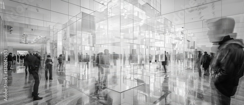 Visitors engage with geometric forms and reflections in a contemporary setting, experiencing an abstract installation at a gallery during an art event.