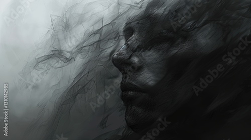 A ghostly human figure sketched with digital elements merges into swirling mist, creating an otherworldly atmosphere that evokes mystery and intrigue.