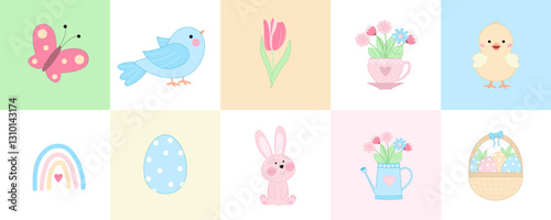 Design elements for Easter celebration: butterfly, bird, flowers, cup, chick, rainbow, rabbit, Edd, basket, watering can. Spring collection. Vector illustration for banners, invitations, cards