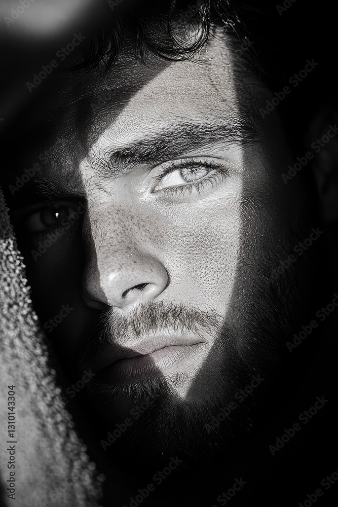 Fototapeta premium Dramatic Black and White Portrait of a Pensive Man in Shadow