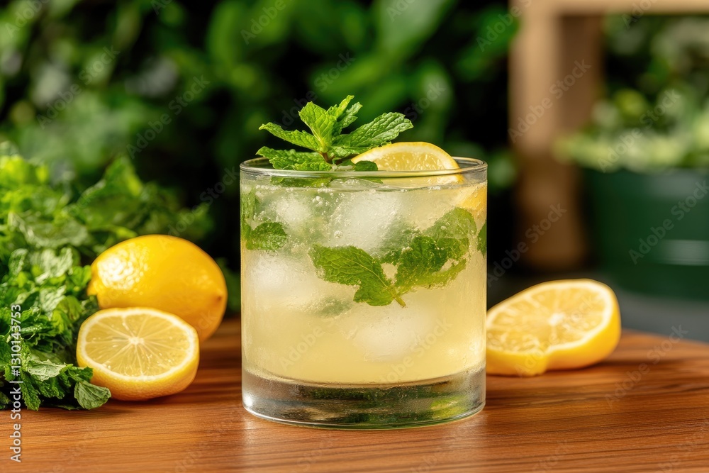 Refreshing Lemon Mint Mojito with Ice Cubes on Wooden Table Refreshing Lemon Mint Mojito with Ice Cubes on Wooden Table