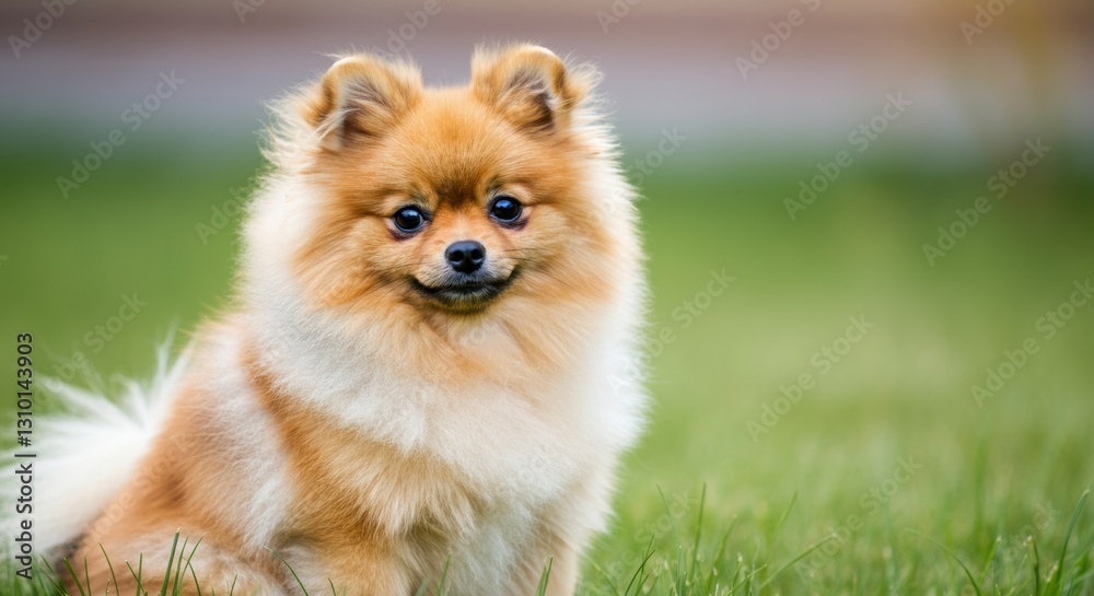Adorable Pomeranian dog sitting on green grass in a sunny setting Adorable Pomeranian dog sitting on green grass in a sunny setting