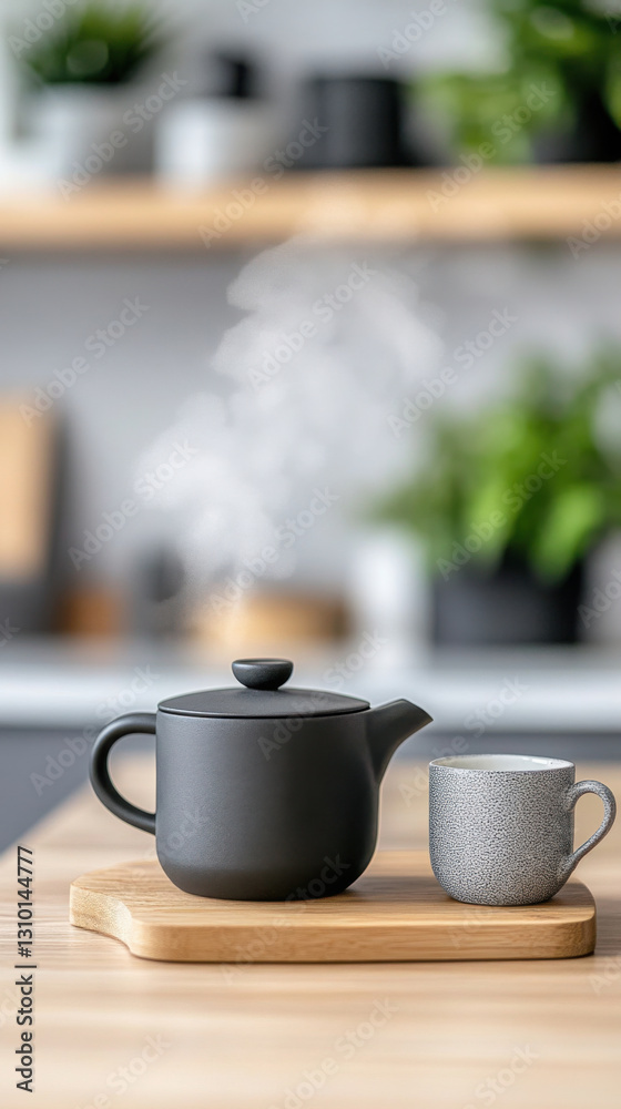 Obraz premium Sleek black teapot and gray cup on wooden tray with steam in modern kitchen setting