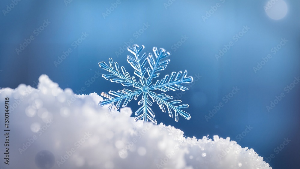 Macro Shot of a Winter Snowflake - Close-up macro shot of a snowflake in the snow with a blue background