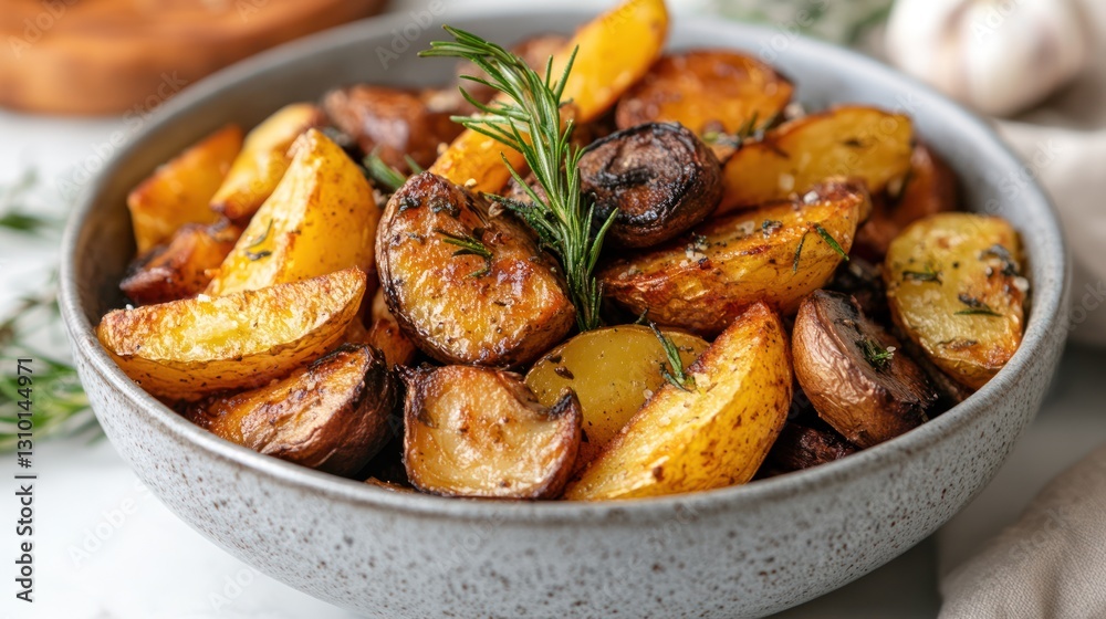 Fototapeta premium Roasted potato and mushroom wedges in bowl.