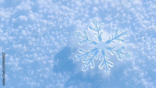 Macro Shot of a Winter Snowflake - Close-up macro shot of a snowflake in the snow with a blue background
